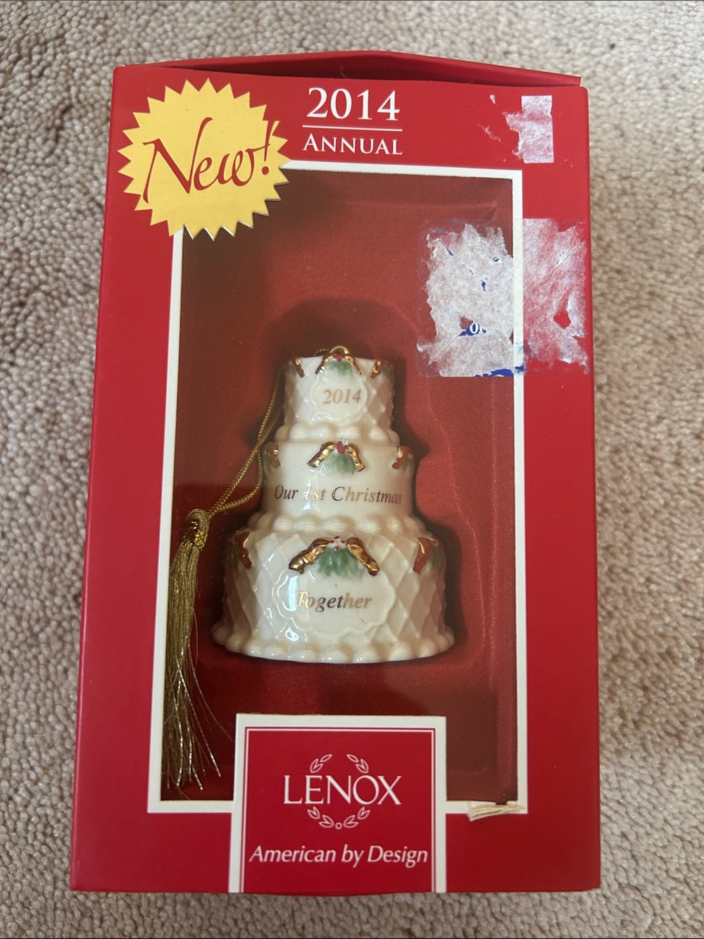 Lenox 2014 1st Christmas White Porcelain Tiered Cake Ornament with Gold Accents
